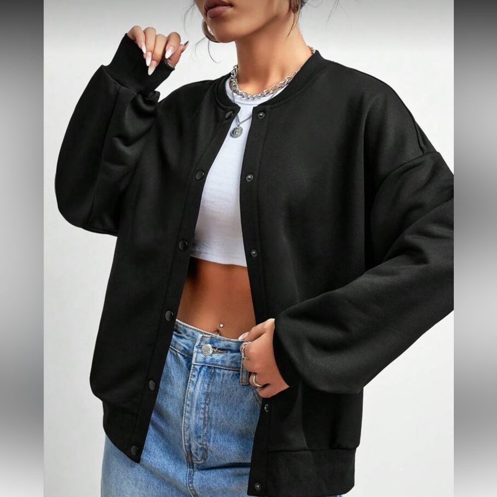 Women’s Black Snap-Front Bomber Jacket